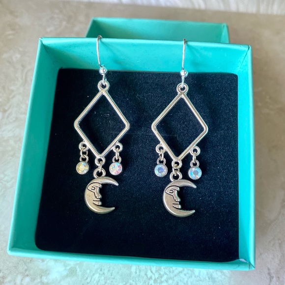 Silver Drop Earrings with Crescent Moon and AB Crystal Charms - Picture 2 of 3